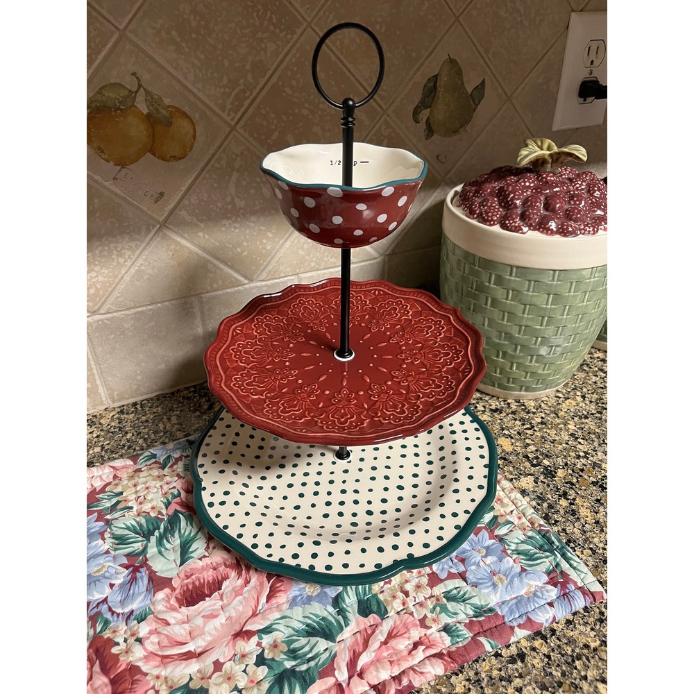 Vintage Pioneer Woman 3-Tiered Tidbit Tray: Polka Dot Party Tray